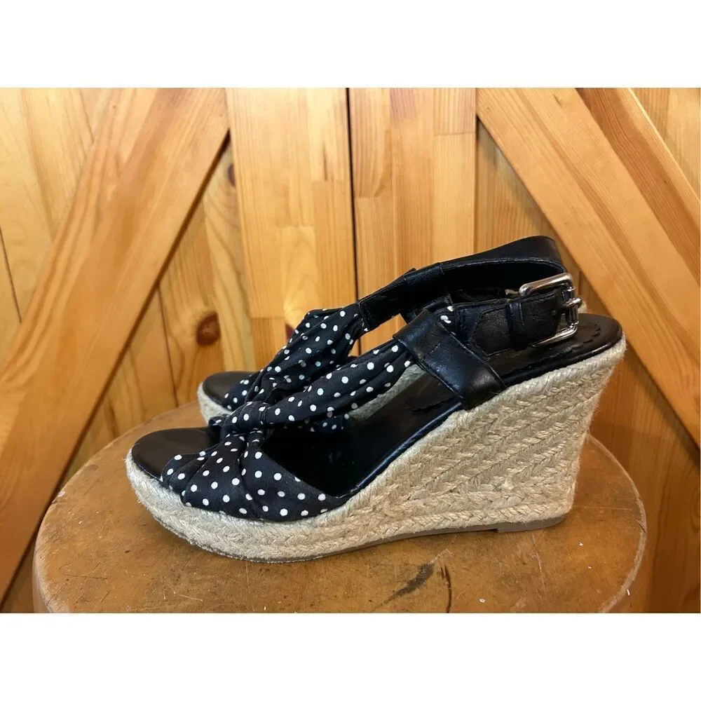 Laura Ashley KILBY Wedge Sandals Espadrilles Shoes black white dots SZ 7B